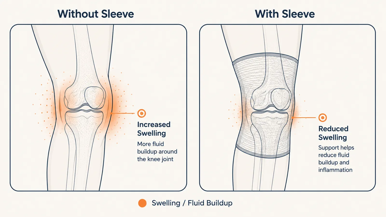 Split comparison diagram showing knee inflammation before and after consistent compression sleeve use