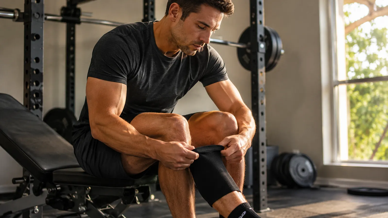 Person putting on a black compression knee sleeve before a squat session in a home gym