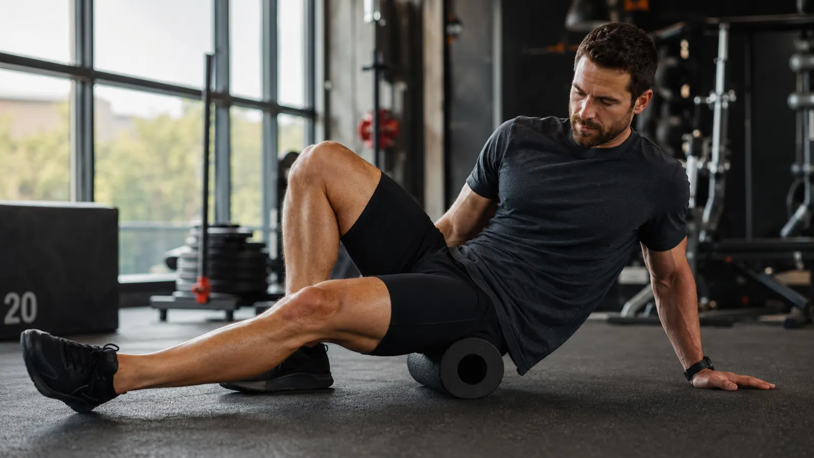 Man foam rolling his quads on a gym floor before a workout session