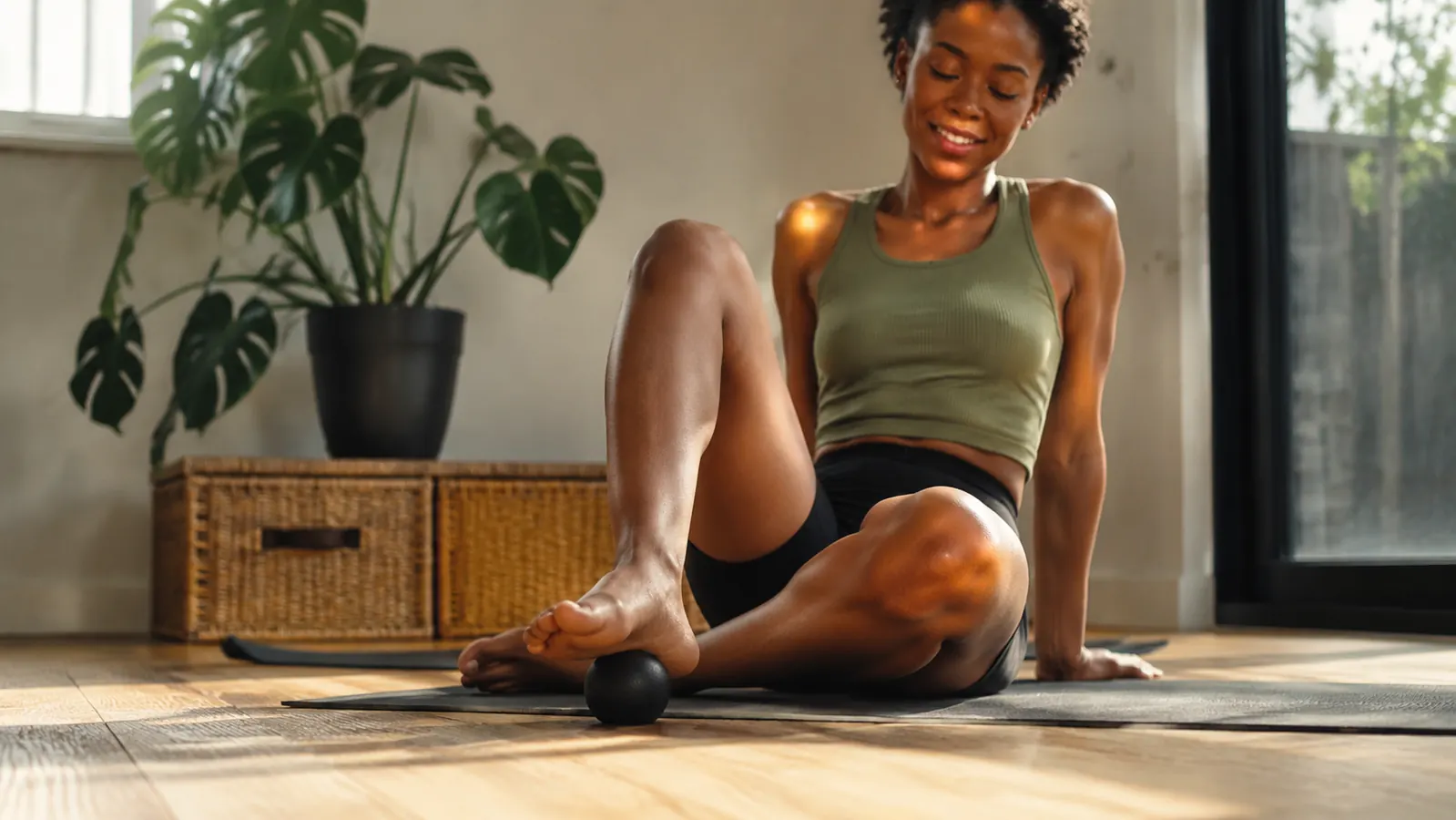 Person sitting on the floor rolling a massage ball under their foot on a yoga mat