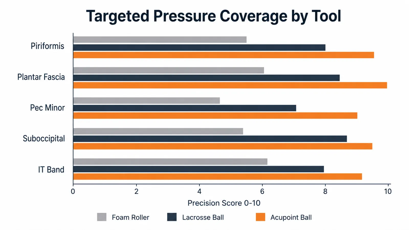Chart comparing pressure point coverage between a foam roller, lacrosse ball, and massage ball across five muscle groups
