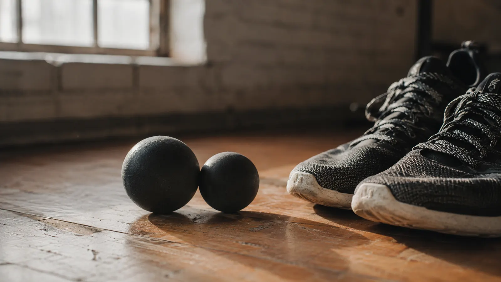 Two massage balls of different sizes resting on a wooden gym floor beside a pair of training shoes