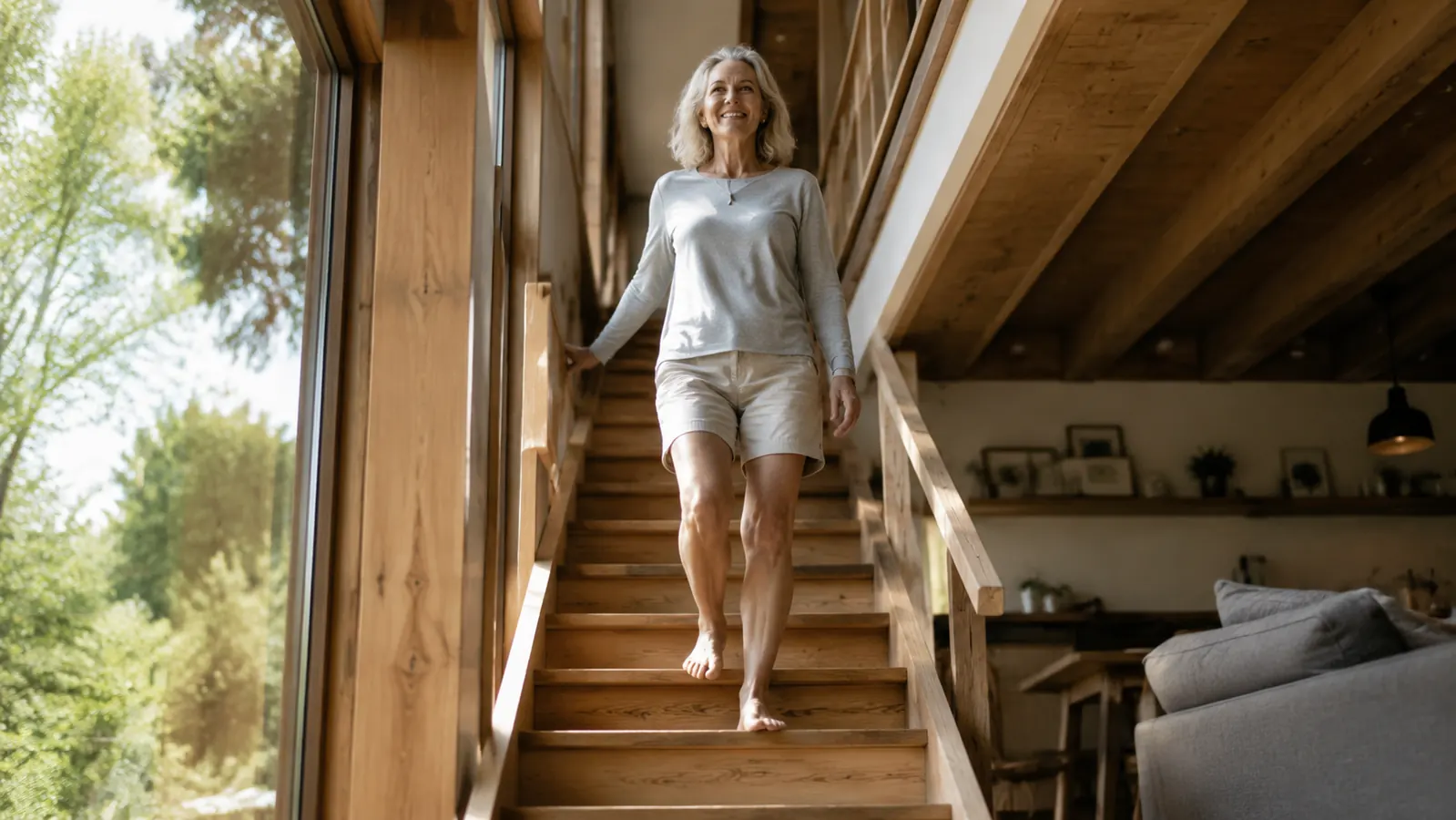 Person walking down a set of stairs with ease, natural morning light