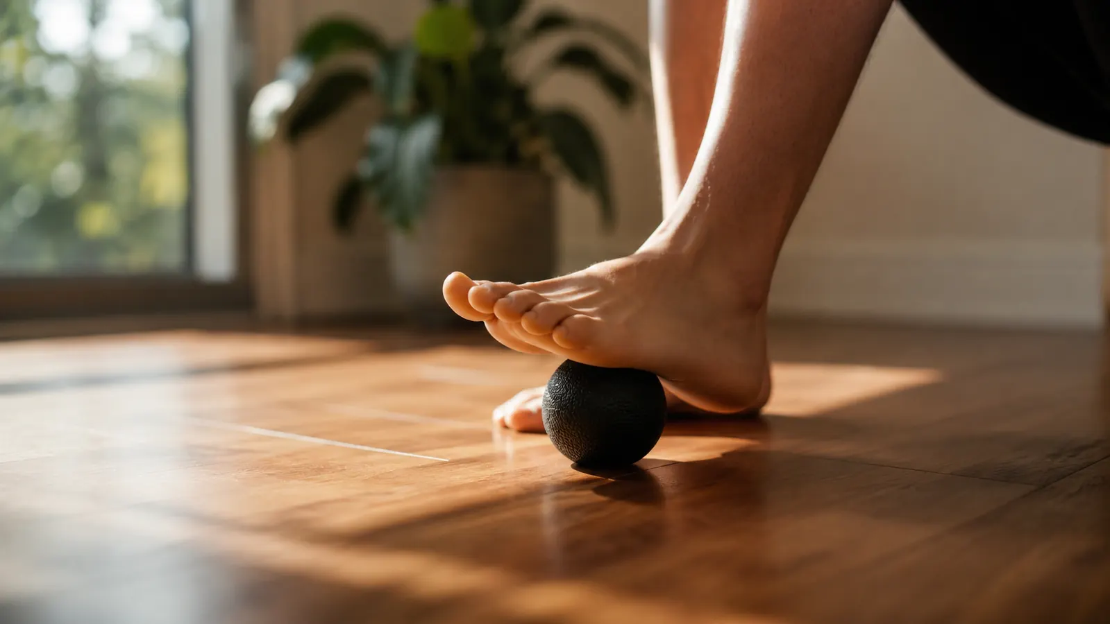 Bare foot resting on a massage ball on a hardwood floor in early morning light