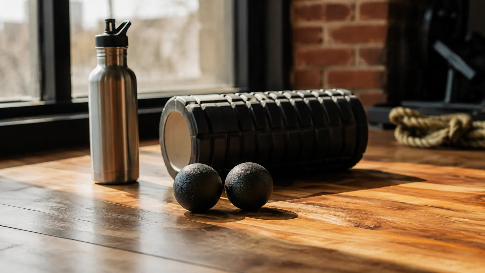 Two Acupoint massage balls on a gym floor next to a foam roller and water bottle, morning light coming through a window