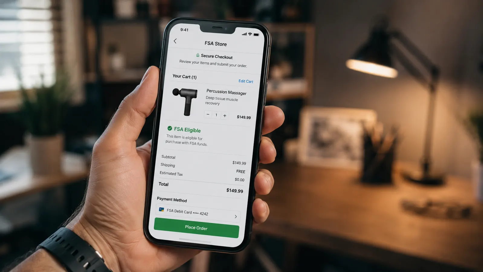 Smartphone showing an FSA store checkout page with a massage gun in the cart, illustrating FSA eligibility purchasing