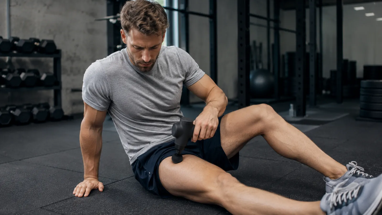 Man sitting on a gym floor after a workout, massage gun resting on his thigh, expression of focused recovery