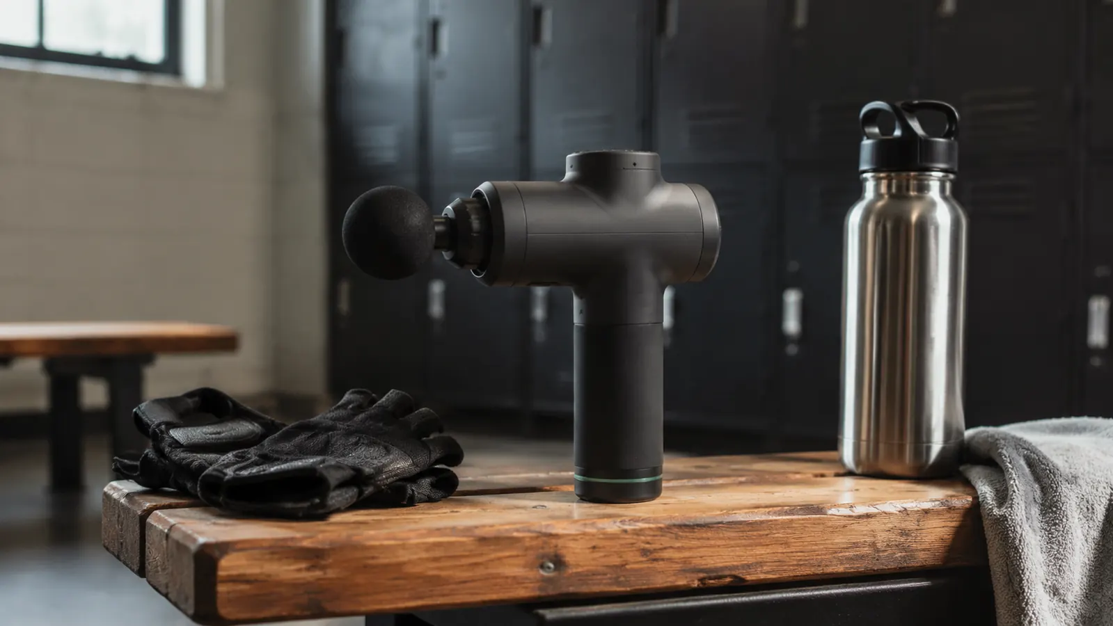 BOB AND BRAD C2 massage gun resting on a gym bench next to lifting gloves and a water bottle