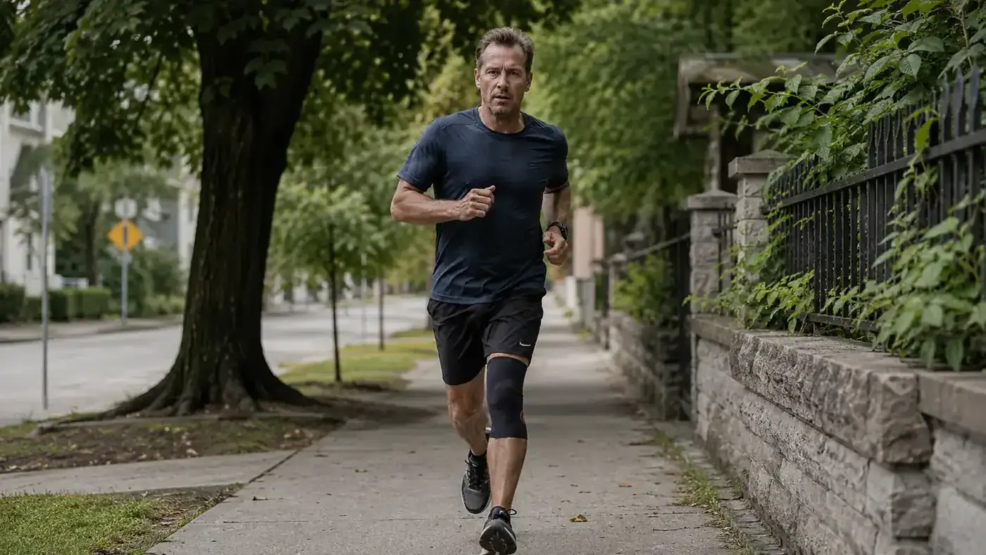 Man running on a residential sidewalk with compression sleeve on right knee, stride mid-air
