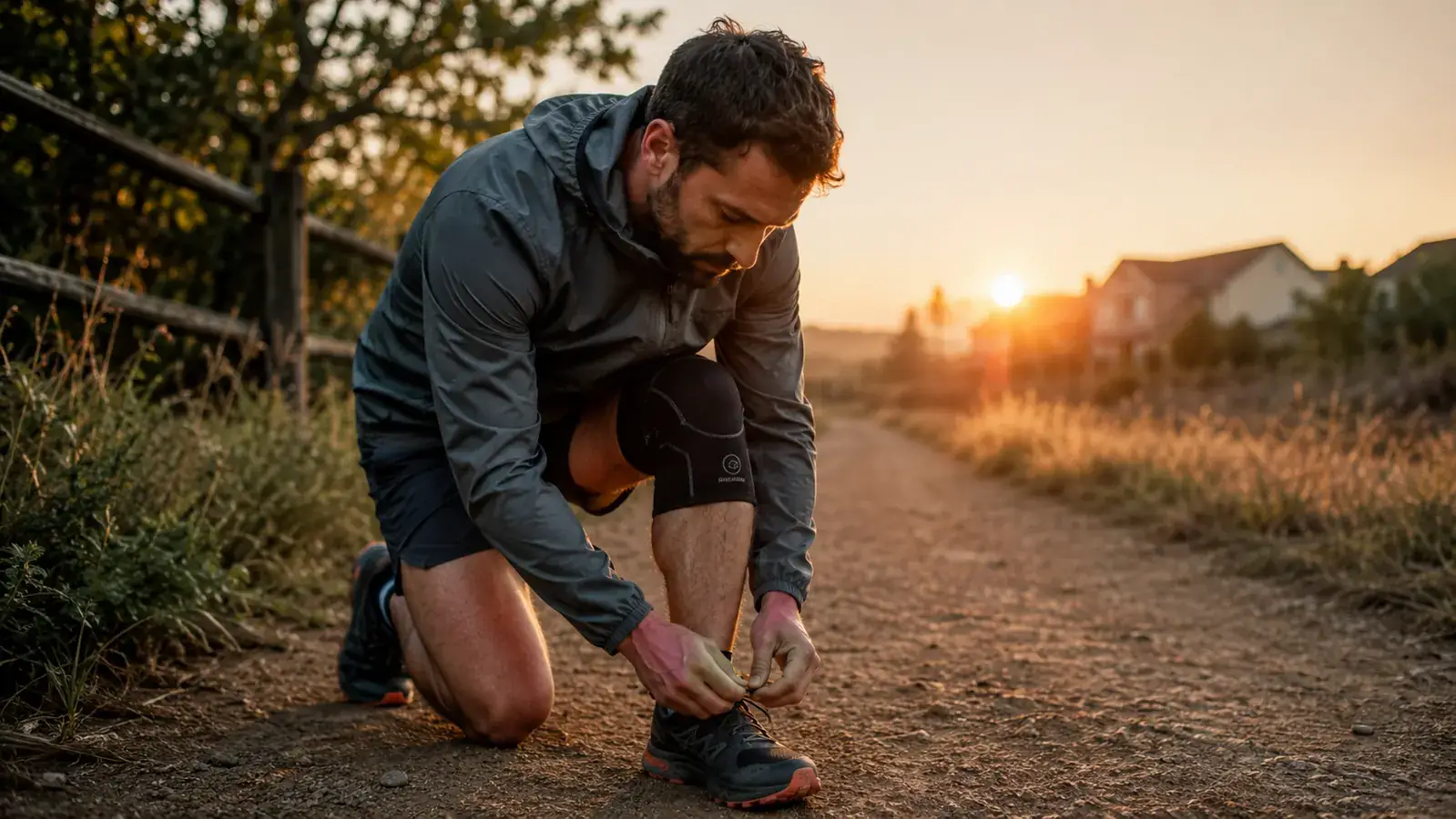Runner lacing up shoes on a trail at sunrise, knee sleeve visible on right leg