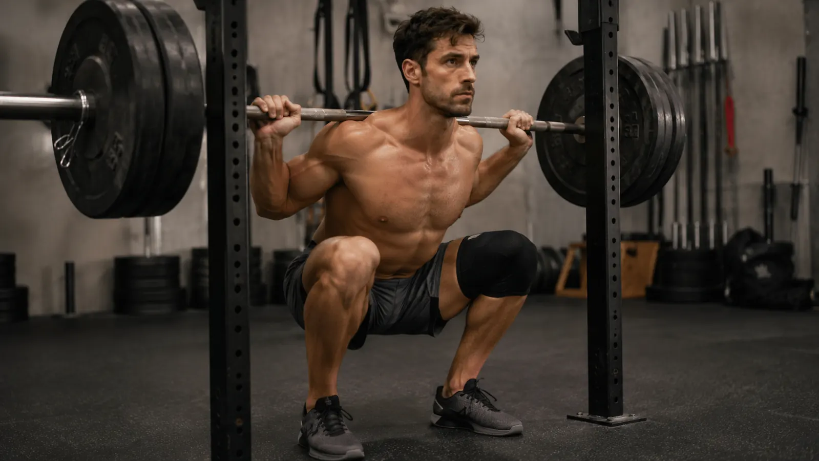 Black compression knee sleeve worn during a squat workout in a gym setting