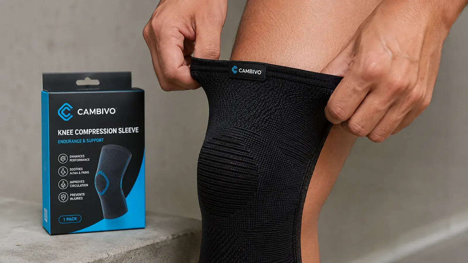 Close-up of the CAMBIVO compression knee sleeve being pulled on over a knee