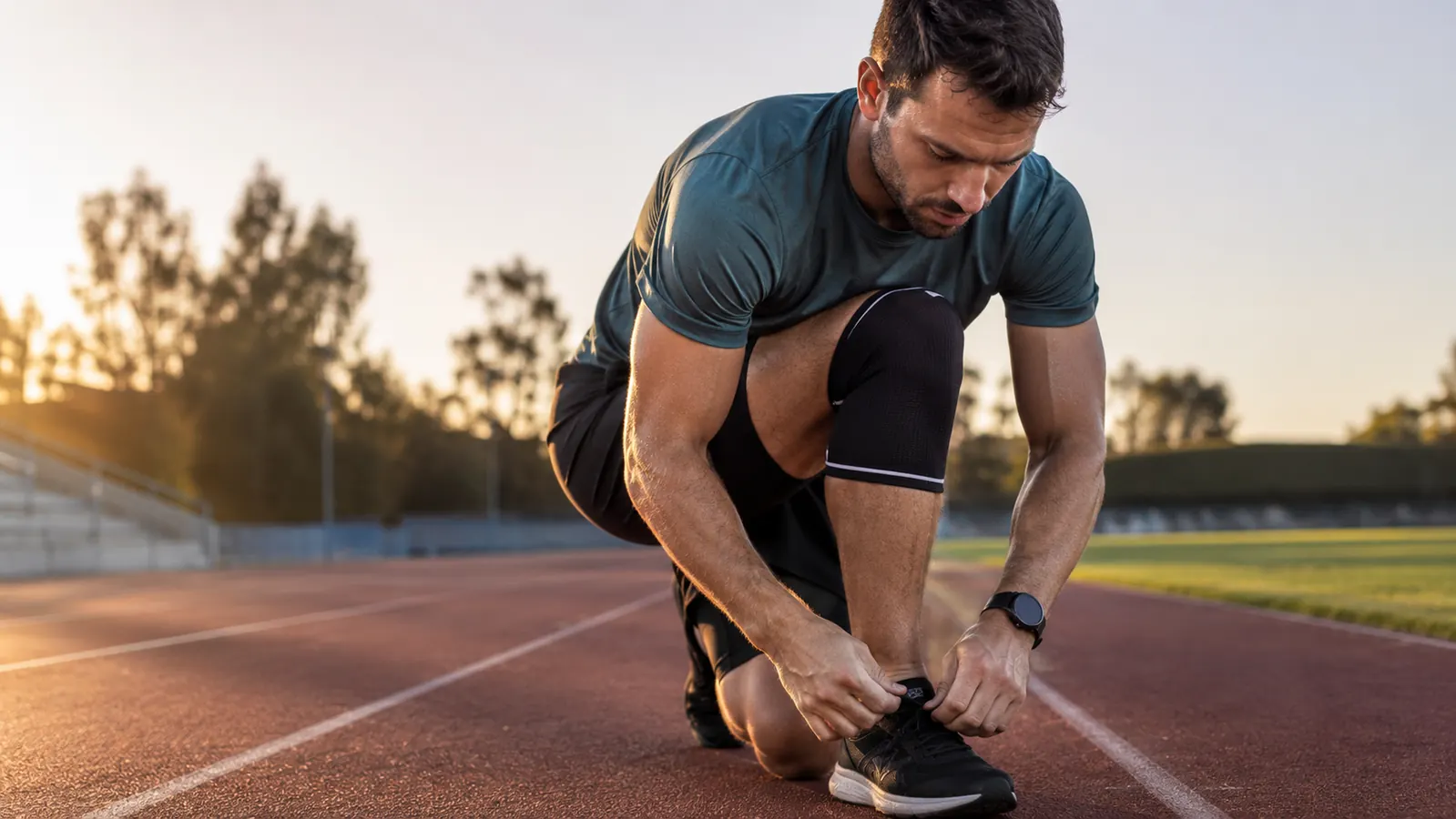 Man lacing up running shoes on a track, compression knee sleeve visible on left knee, early morning light