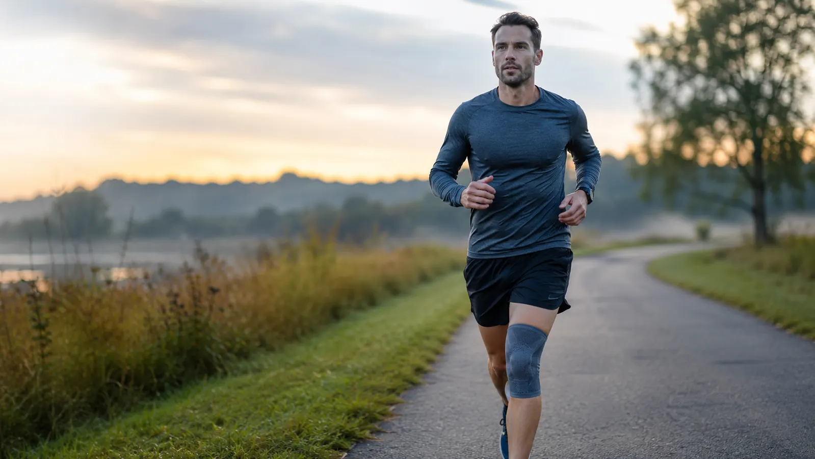 Runner wearing a knee sleeve on a paved trail in the early morning