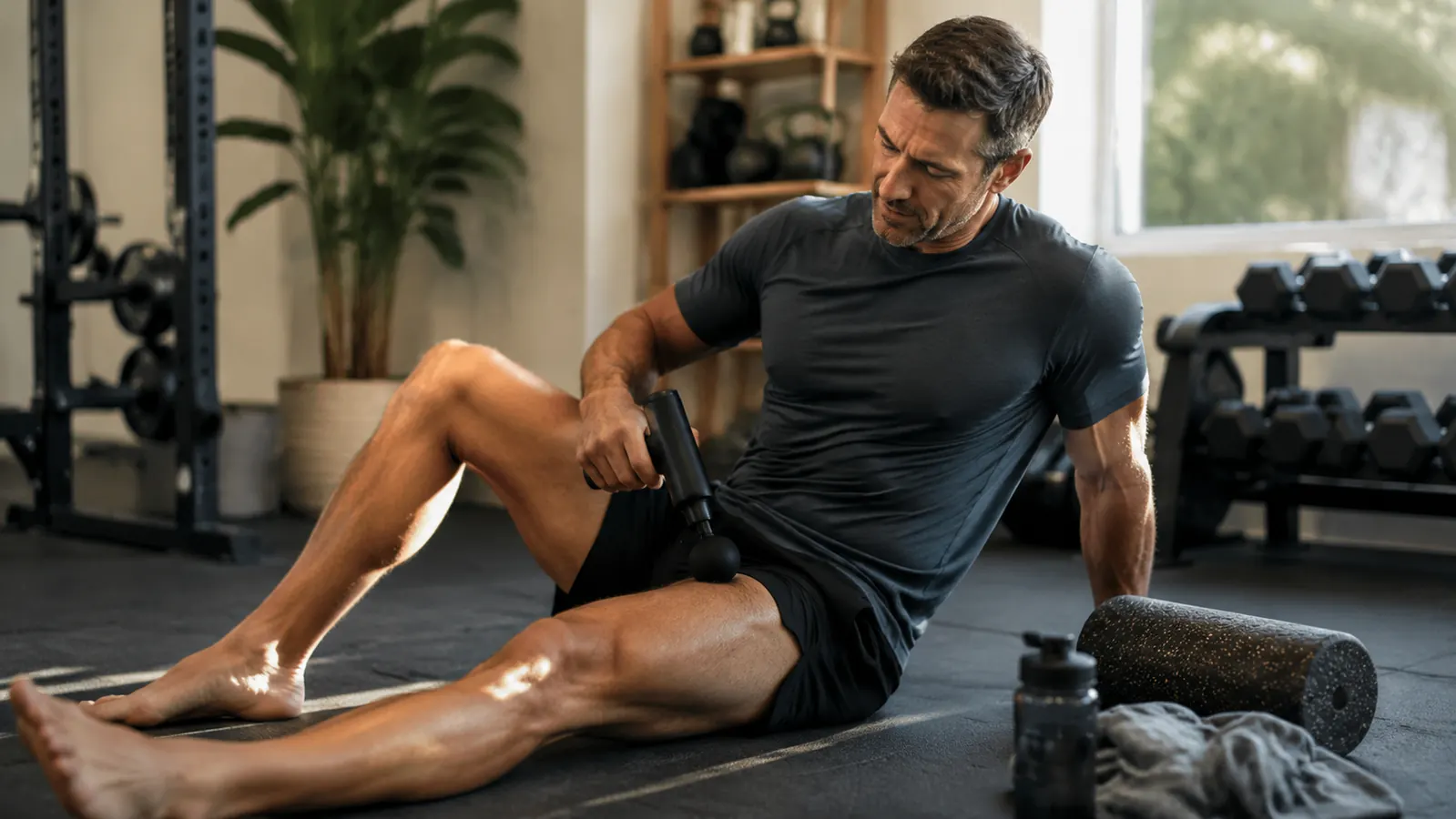 An athlete using a massage gun on a sore calf after a workout, warm afternoon light in a home gym