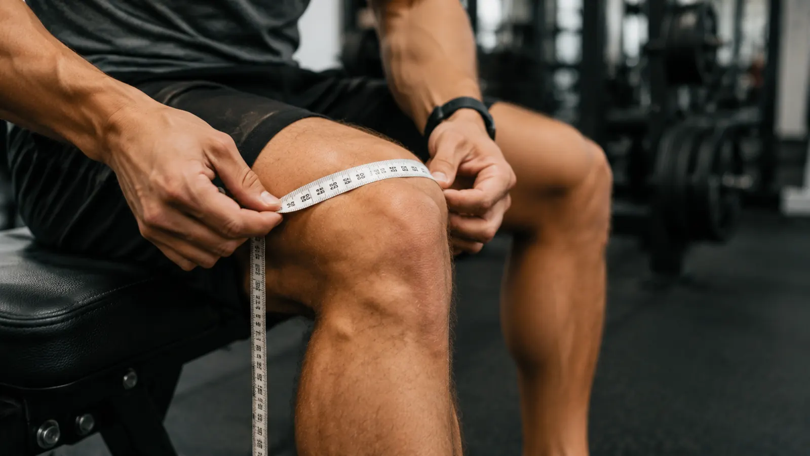 Person measuring their knee circumference with a flexible tape measure before buying a compression knee sleeve