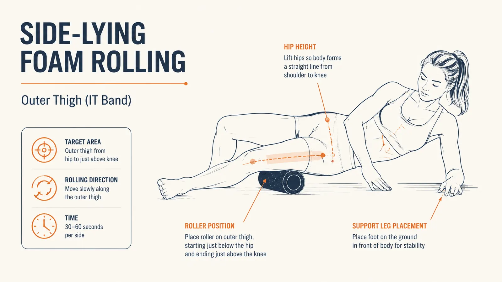 Diagram showing the correct side-lying foam rolling position with hip and knee alignment markers