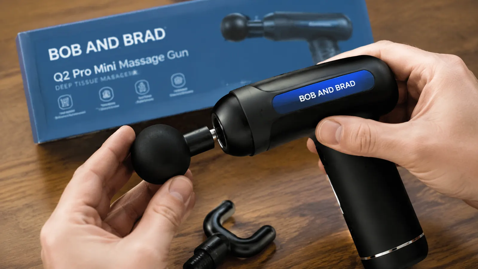 Close-up of a round ball attachment being snapped onto a massage gun head