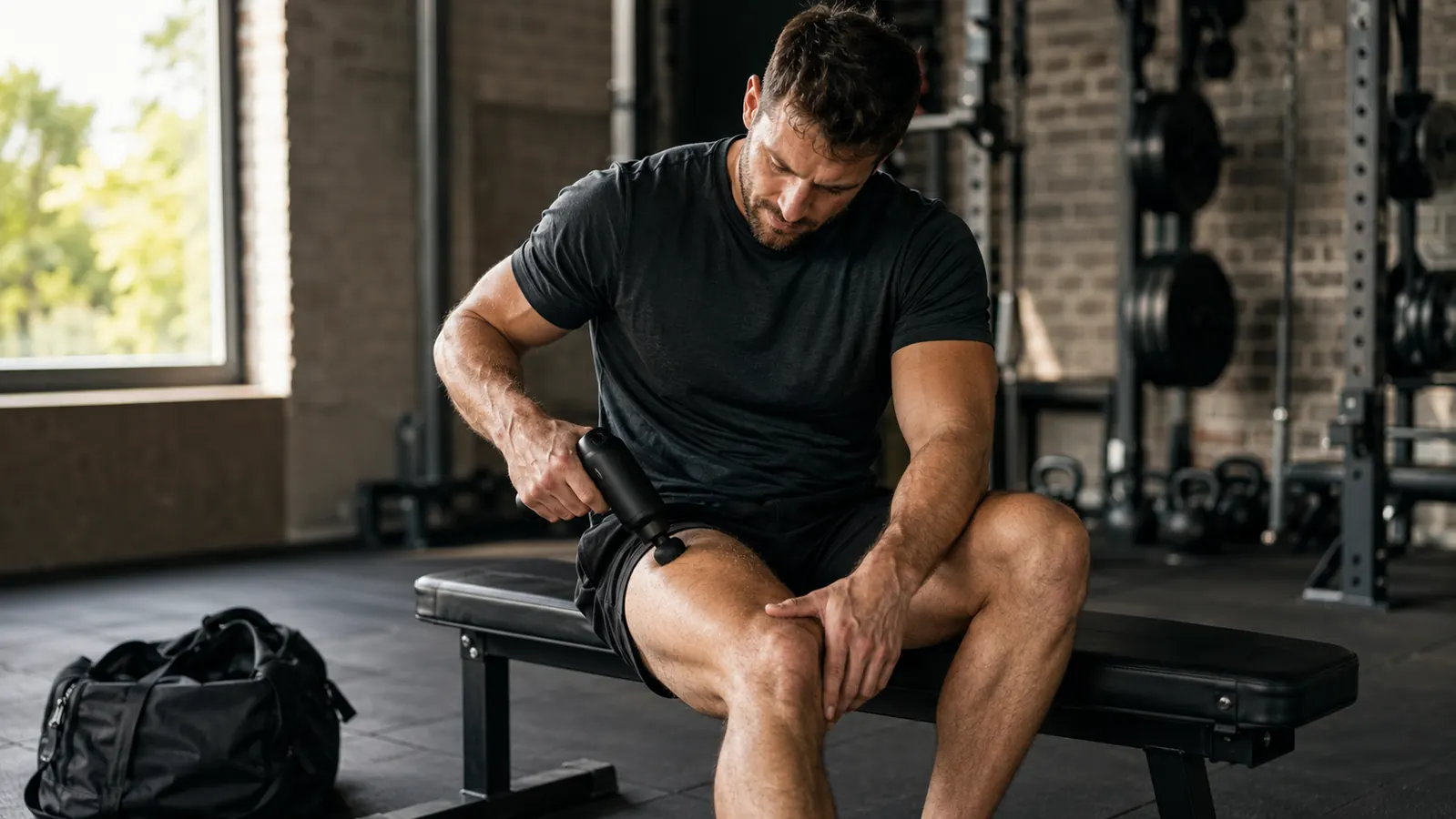 Person sitting on a gym bench holding a percussion massage gun against their quad after a workout