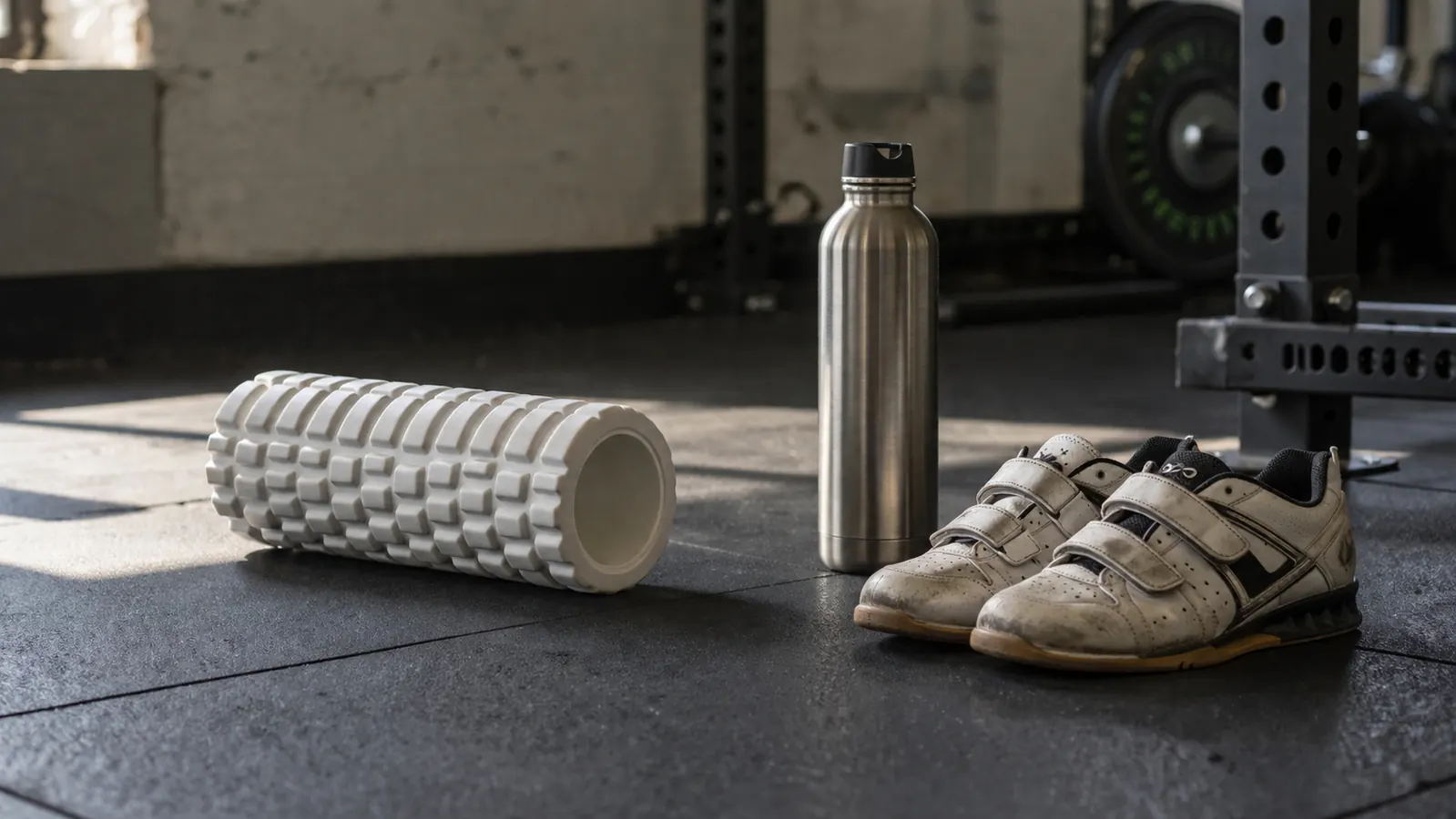 TriggerPoint CORE foam roller on a gym floor next to a water bottle and lifting shoes