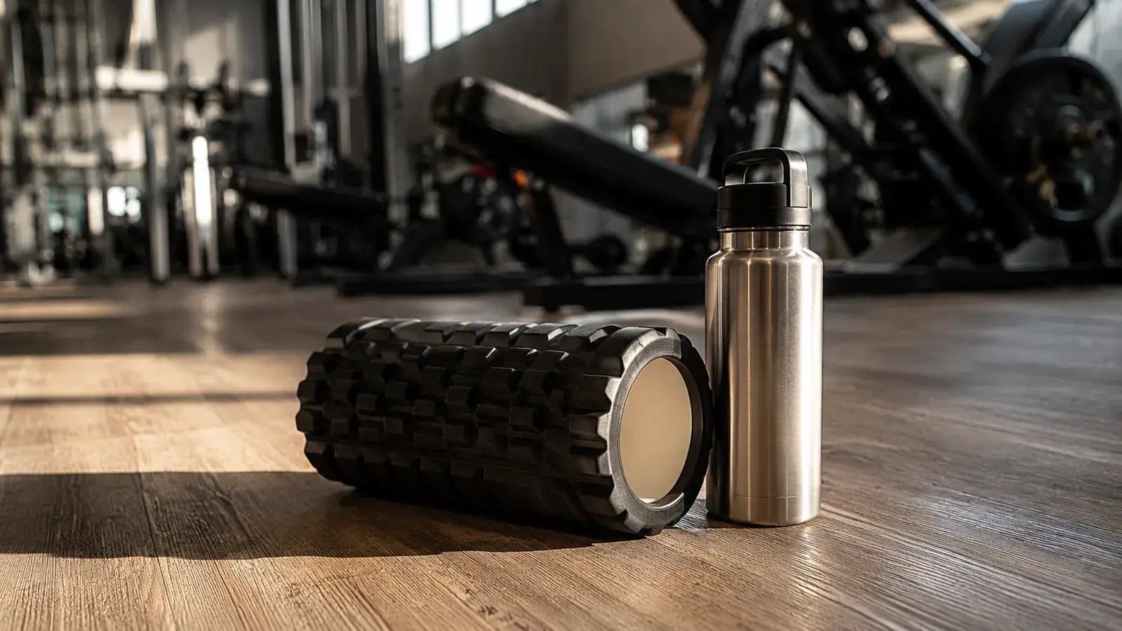 TriggerPoint CORE foam roller on a wood gym floor next to a water bottle after a workout
