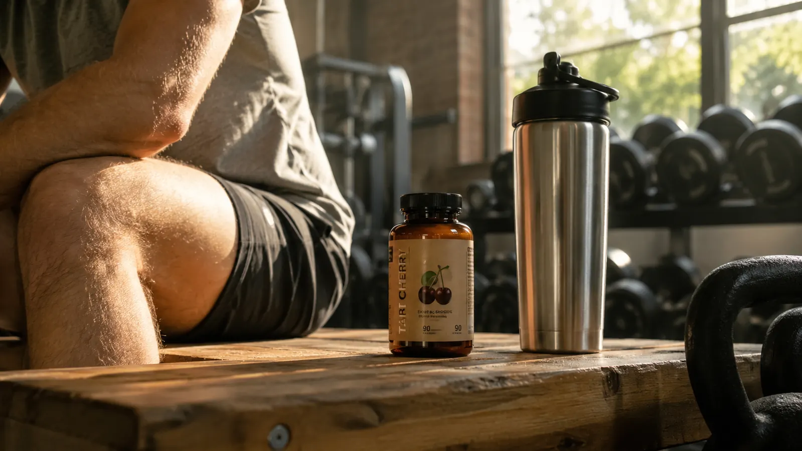 Zazzee tart cherry extract capsule bottle on a gym bench next to a shaker cup in morning light