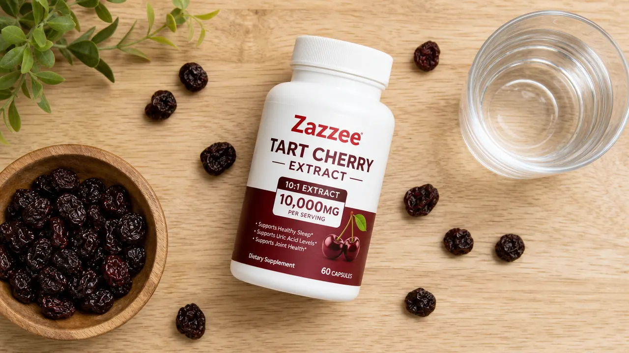 Hand holding two Zazzee tart cherry extract capsules over a palm, bottle visible in background