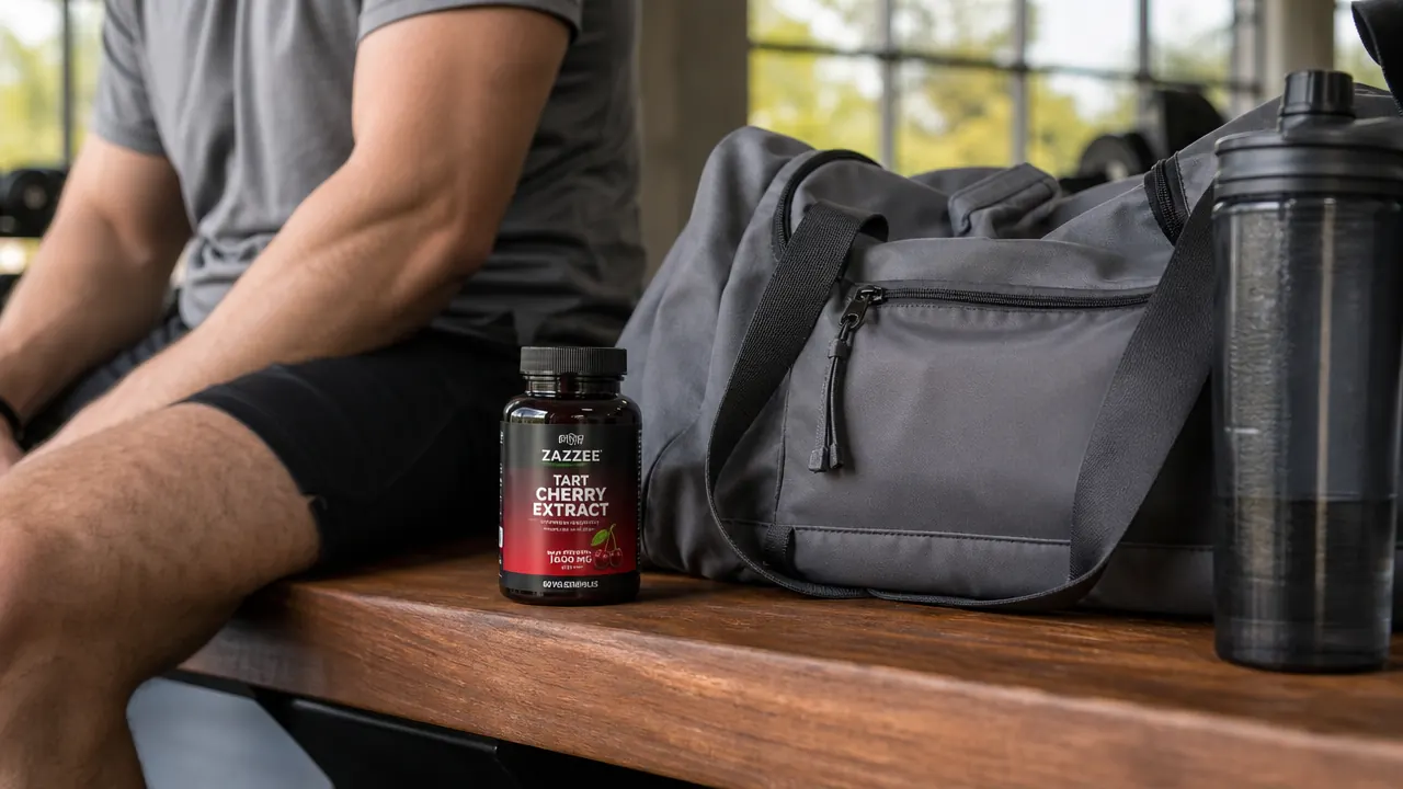 White supplement bottle of Zazzee tart cherry extract next to a gym bag on a wood bench