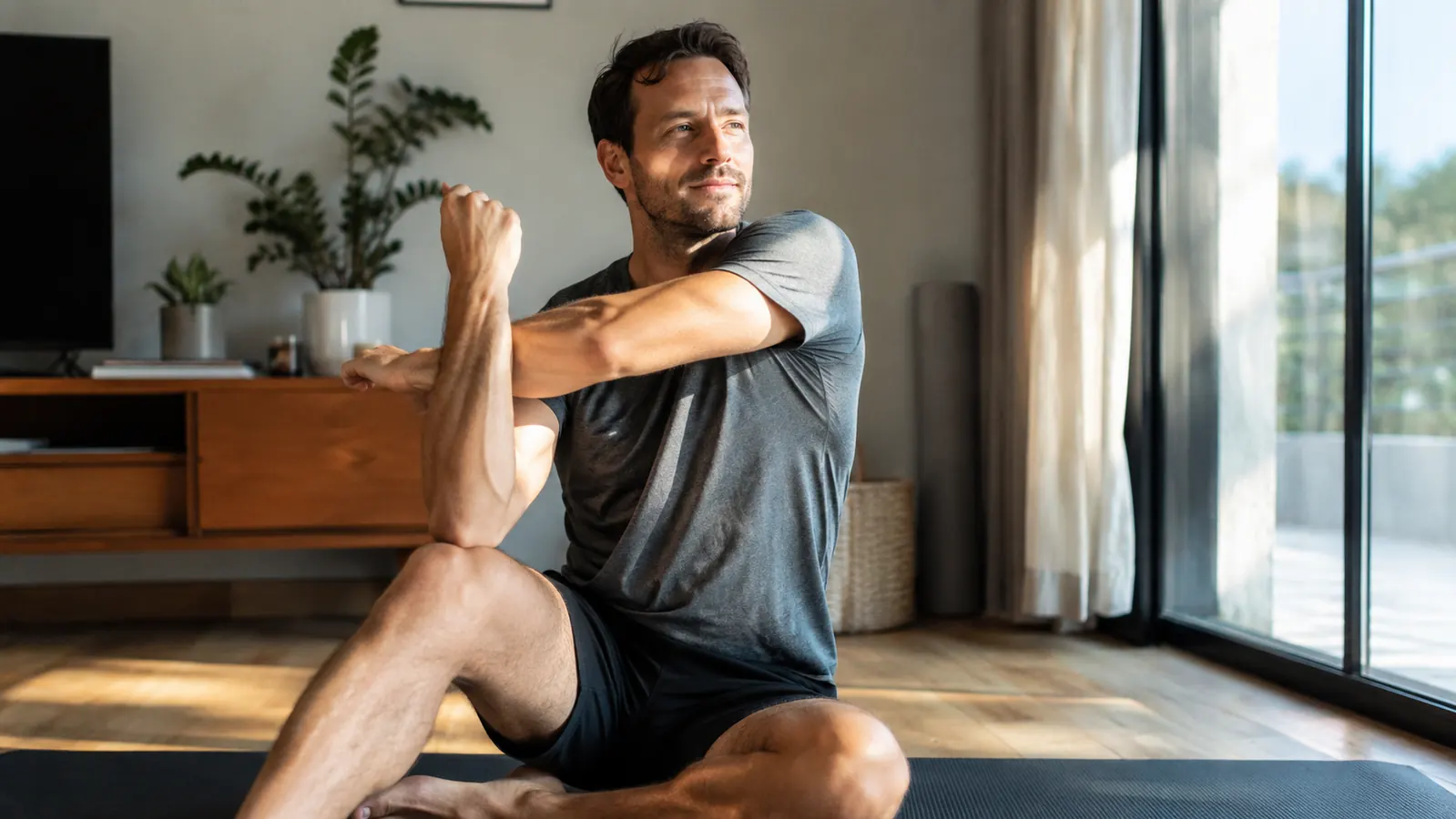 Man stretching on a yoga mat in morning light, looking rested and ready to train